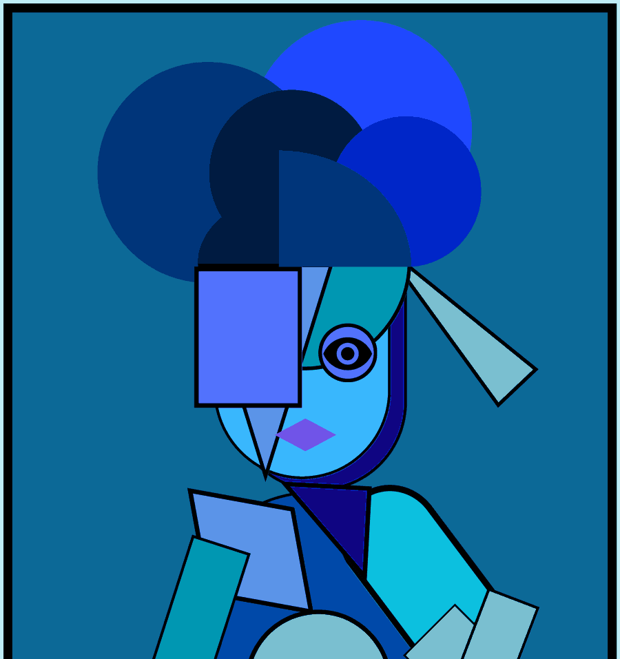 Abstract geometric portrait artwork from the FocusPsychology brand, in shades of blue and teal