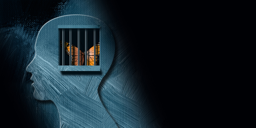 Graphic abstract Butterfly trapped behind emotional prison bars Background